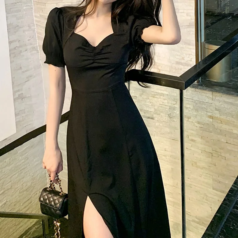 

Luck A French Ruffle White Dress Sexy Puff Sleeve Split Girl Summer Dress Elegant Chiffon Fairy Korean Dress Woman Prom Dress