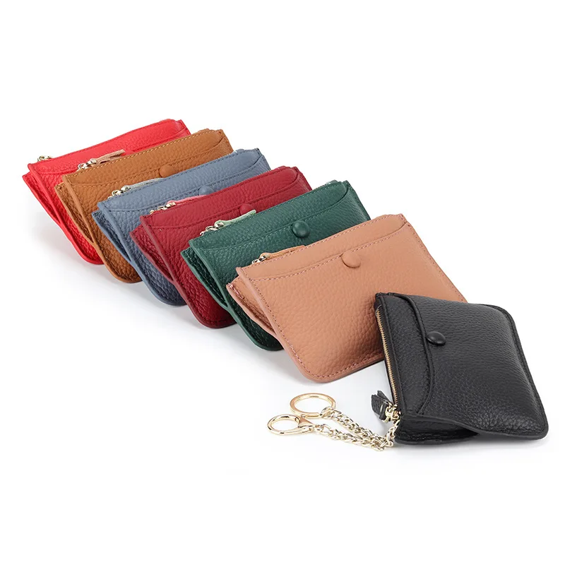 

Real Cattle Leather Mini Lady Small Items Bag Genuine Cowhide Key Ring Chain Function Zipper Back Slot Women Coin Purses