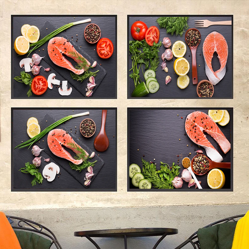 

Poster Japanese Salmon Sashimi Gourmet Spices and Vegetables Wall Art Canvas Painting Posters And Print Wall Pictures Room Decor