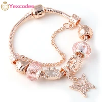 yexcodes rose golden butterfly charm bracelet with an crown beads fits fine bracelet women party jewelry dropshipping