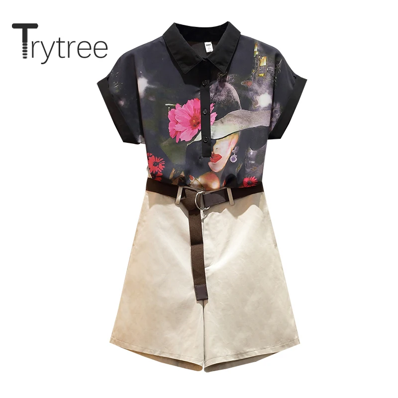 

Trytree 2020 Summer Women two piece set Casual Turn-down Collar Single Breasted Blouse Top + Shorts Wide leg pants 2 piece Set