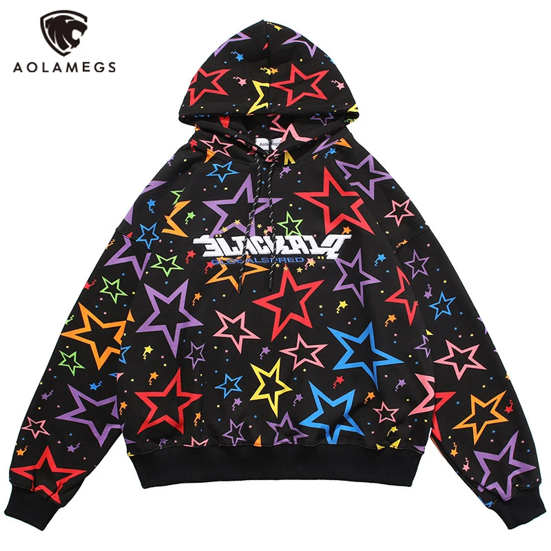 

Aolamegs разноцветная толстовка с буквенным принтом и нашивкой в виде звезд для мужчин, мешковатая толстовка, пуловер Harajuku, уличная одежда в сти...