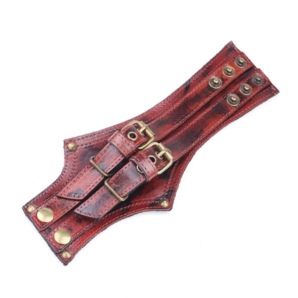 Мужской широкий кожаный браслет в стиле стимпанк черный коричневый