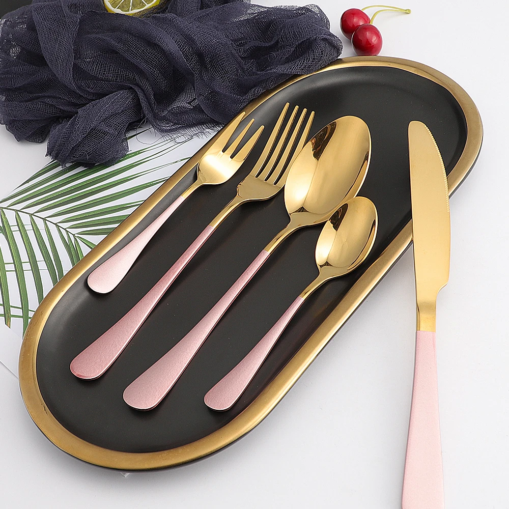 

5Pcs Glossy Pink Gold Stainless Steel Cutlery Tableware Set Dinnerware Wedding Flatware Set Forks Knives Spoons Set Silverware