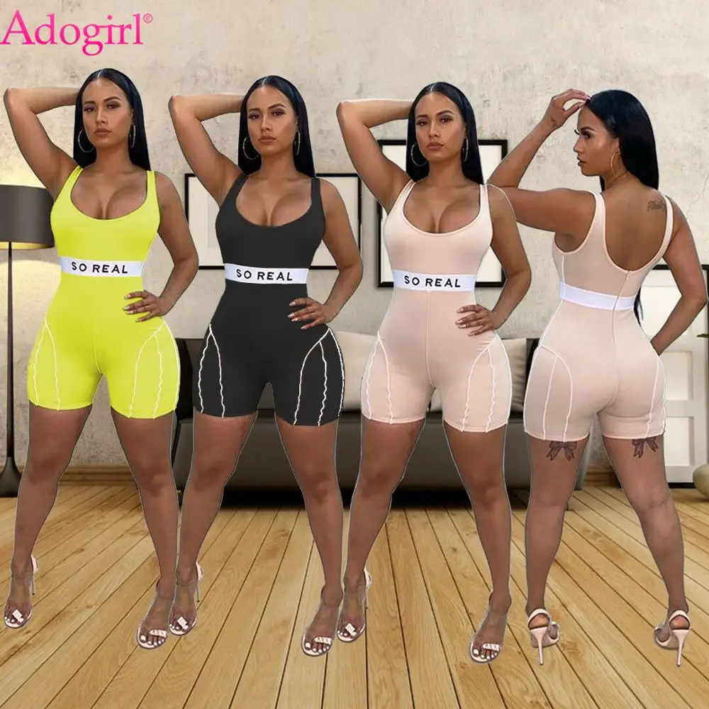 

Adogirl Letter Print Striped Sporty Jumpsuit Tank Top Shorts Romper High Elastic High Elastics Active Fitness GYM One Piece