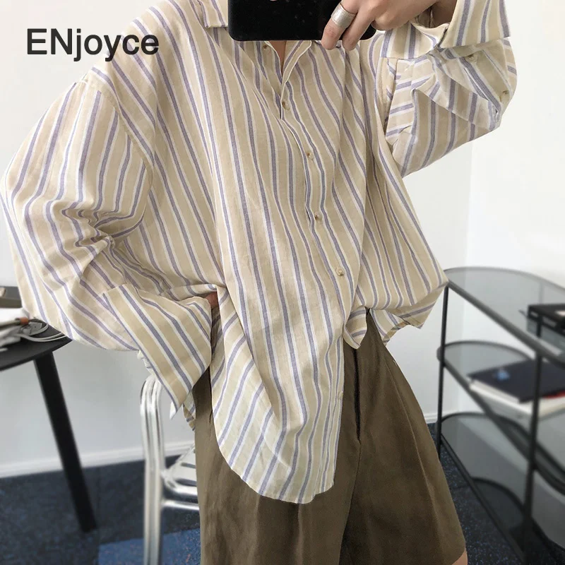 Винтажные полосатые рубашки женские повседневные блузки в Корейском стиле