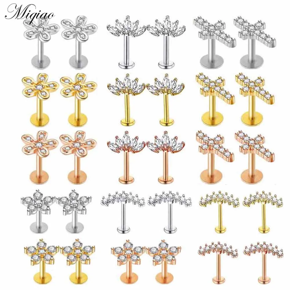 

Miqiao 2pcs Explosion Style Stainless Steel Zircon Flower Straight Stud Earrings, Exquisite Piercing Jewelry