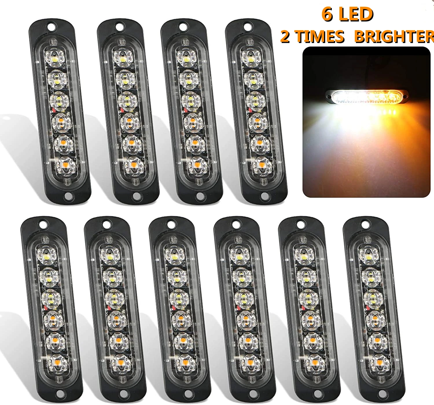 

6 LED Emergency Strobe Light Amber White Strobe Warning Emergency Flashing Lights Caution Construction Hazard Light Bar for Car