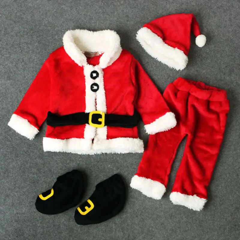 

PUDCOCO My First Christmas Baby Boy Girl Santa Claus Tops+Pants+Hat+Shoes 4PCS Clothes Xmas Outfit 6M-3Y