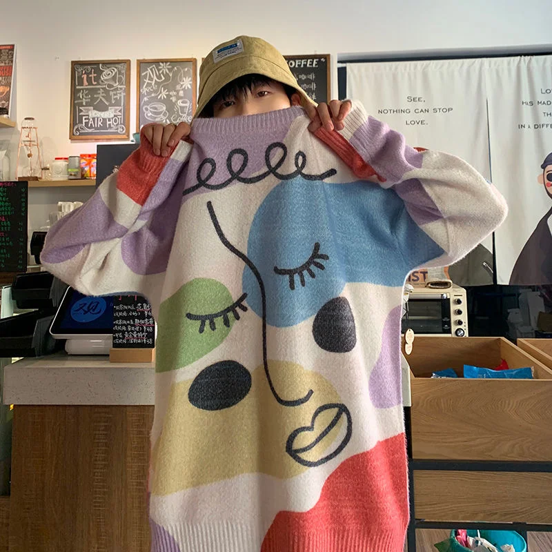 

Privathinker Geometric Mens Contrast Color Sweater O-neck Oversized Male Knitwear Cartoon Casual Fashion Thicken Pullovers