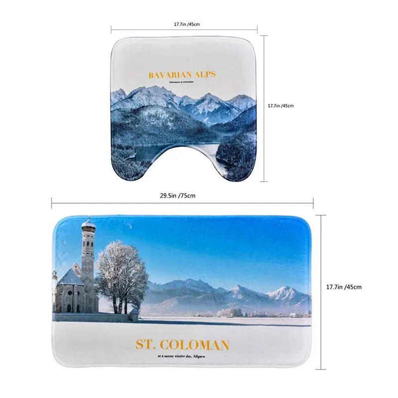 2 шт Мягкий коврик для ванной u образный & прямоугольный зимний пейзаж полиэстер