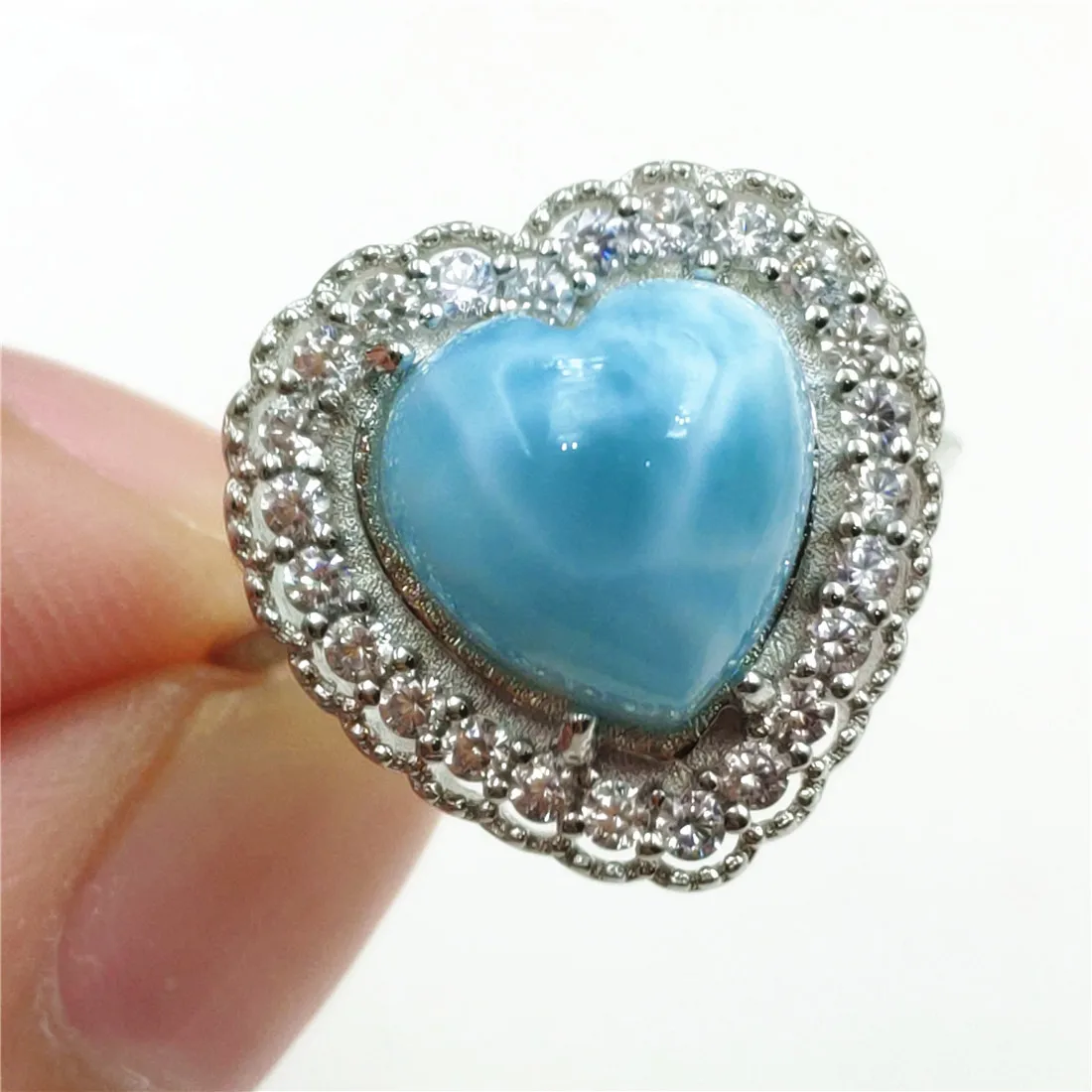 

Namibia Natural Larimar Blue Heart Adjustable Ring 10x10mm Water Pattern Love Dominia 925 Sterling Silver AAAAAA