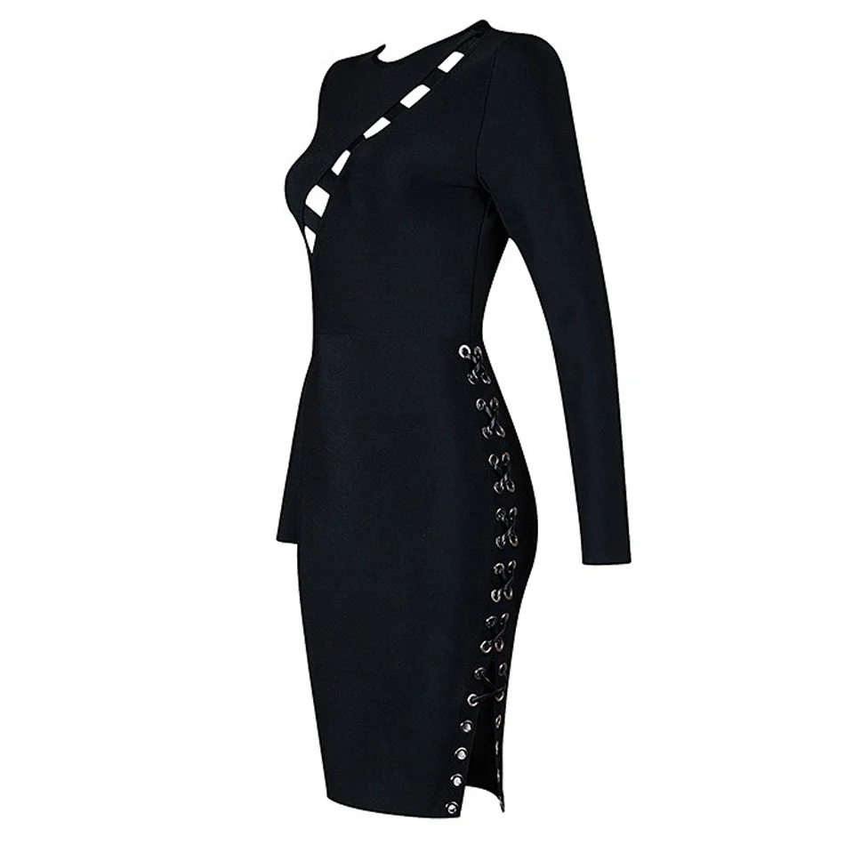 

Sexy Lace Up Cut Out Long Sleeve Bandage Round Neck Side Slit Mini Sheath Dress Hallow Out Long Sleeve Dresses for Women Party