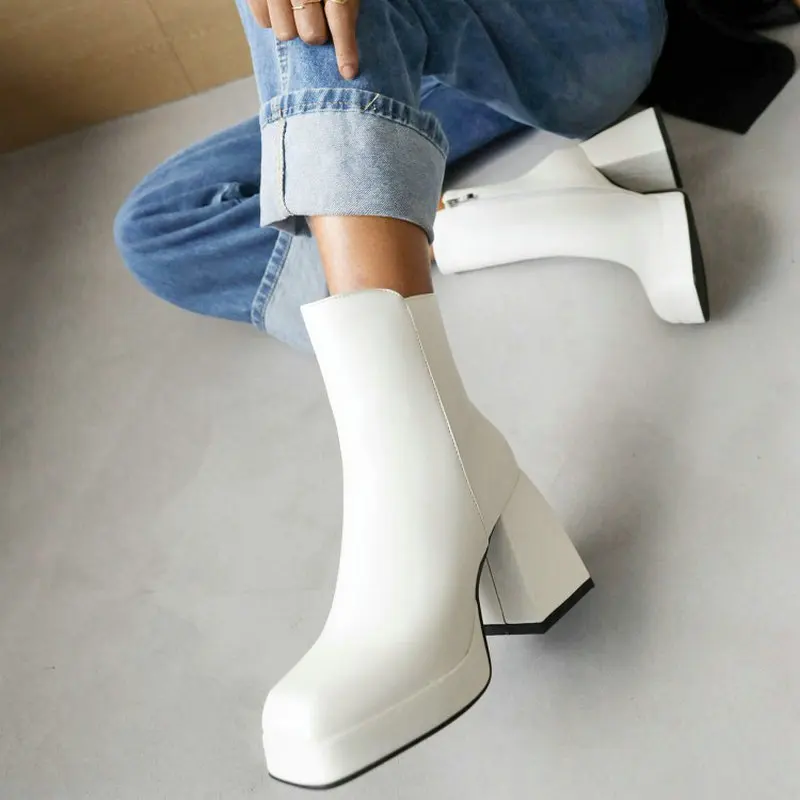 

Sianie Tianie Luxury Brand Designer Plain White Black Womens Fashion Shoes Winter Platform Chunky High Heels Ankle Chelsea Boots