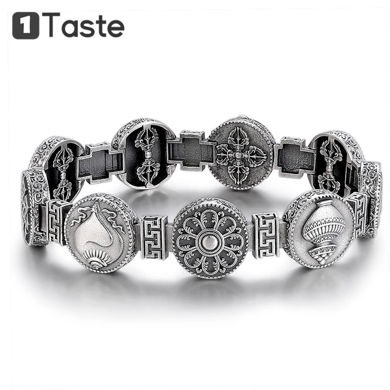 

ONE TASTE 925 Sterling Thai Silver Men's Bracelet Handcraft Agate Religious Buddhism Bracelets Bangles Fine Jewelry Amulet Gift