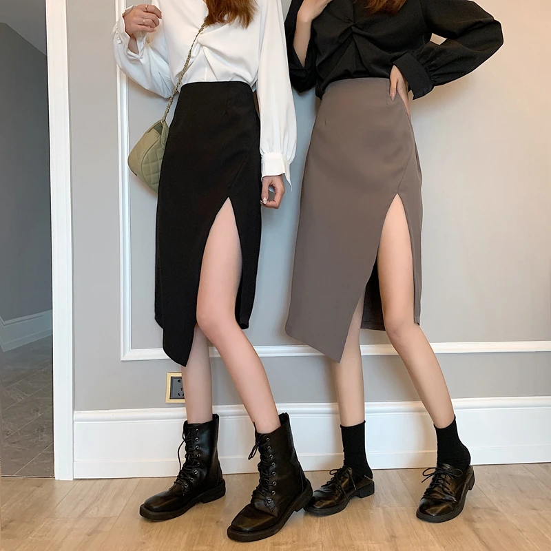 

Spring Autumn Korean Fashion Clothing New High Waist Asymmetry A-line Black Skirt Hipster New Slim Skirts Womens Ins Jupe Femme