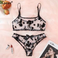 lopnt womens floral bra panty suit beautiful black flocked bras mesh perspective sexy lingerie set see through sling underwear