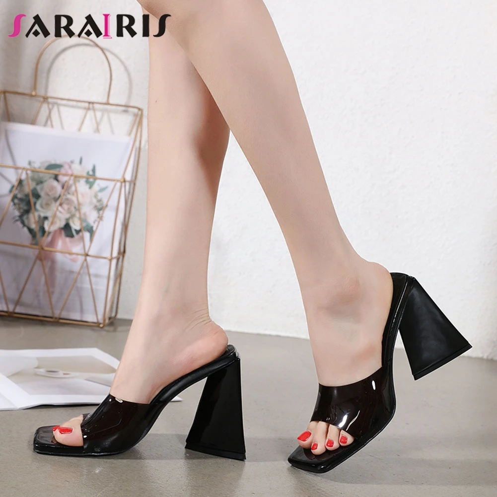 

SaraIris Brand New Female Women Pumps Solid PVC Peep Toe High Heel Pumps Slip On Summer Fashion Casual Comfy Woman Mules Shoes
