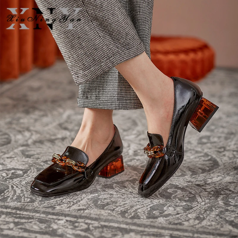 

Concise Women High Heels Pumps Genuine Leather Round Toe Shoes for Women Casual Loafers 2021 Newest Party Basic Shoes Woman