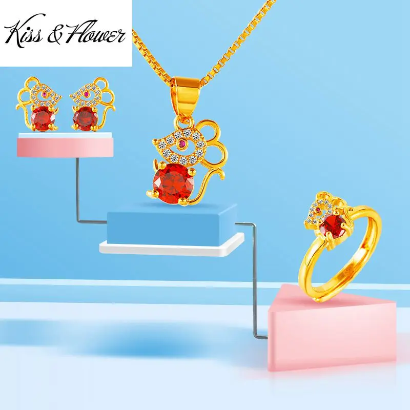 

KISS&FLOWER JS18 Fine Jewelry Wholesale FashionWoman Birthday Wedding Gift 24KT Gold Ring+Earrings+Pendant Necklace Jewelry Set