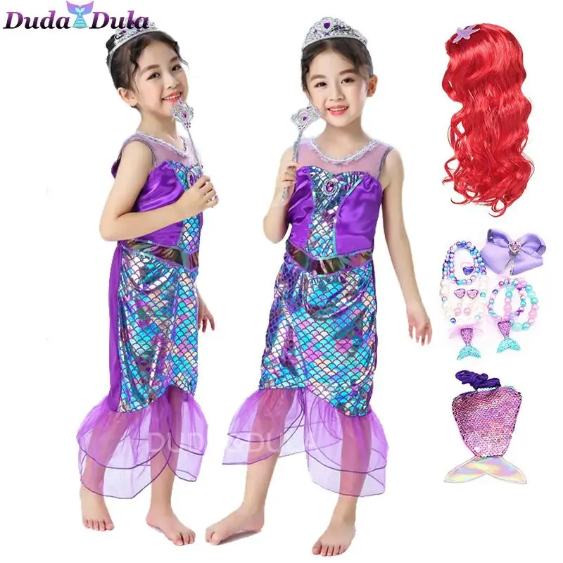 

Girls Princess Dress Sequins Little Mermaid Costume Fancy Girls Clothes Kids Scale Beach Party Outfit Cosplay Halloween
