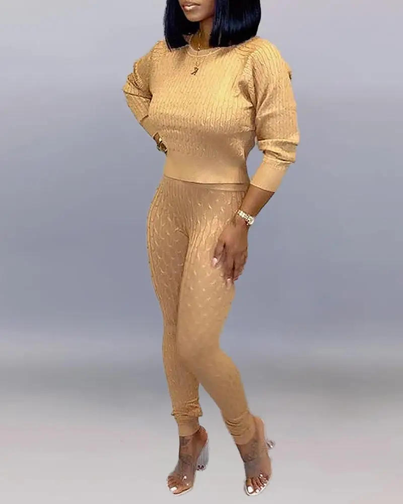 

Solid Long Sleeve Top and Slinky Pencil Pant Sets Women 2 Piece Set Knitted Long Sleeve Top and Pants