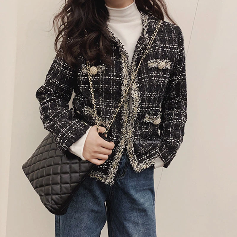 

Spring 2022 New Women Houndstooth Suit Coat Round Neck Tweed Material Long Sleeve Button Coat Autumn Tassel Jacket Design QT56