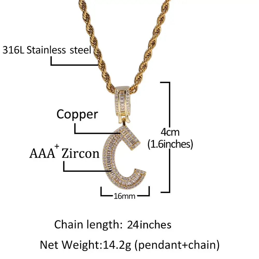 

New Fashion Bling AAA Zirconia Crystal Alphabet Necklace For Men Women Hip Hop 26 A-Z Letters Pendant Name Necklace