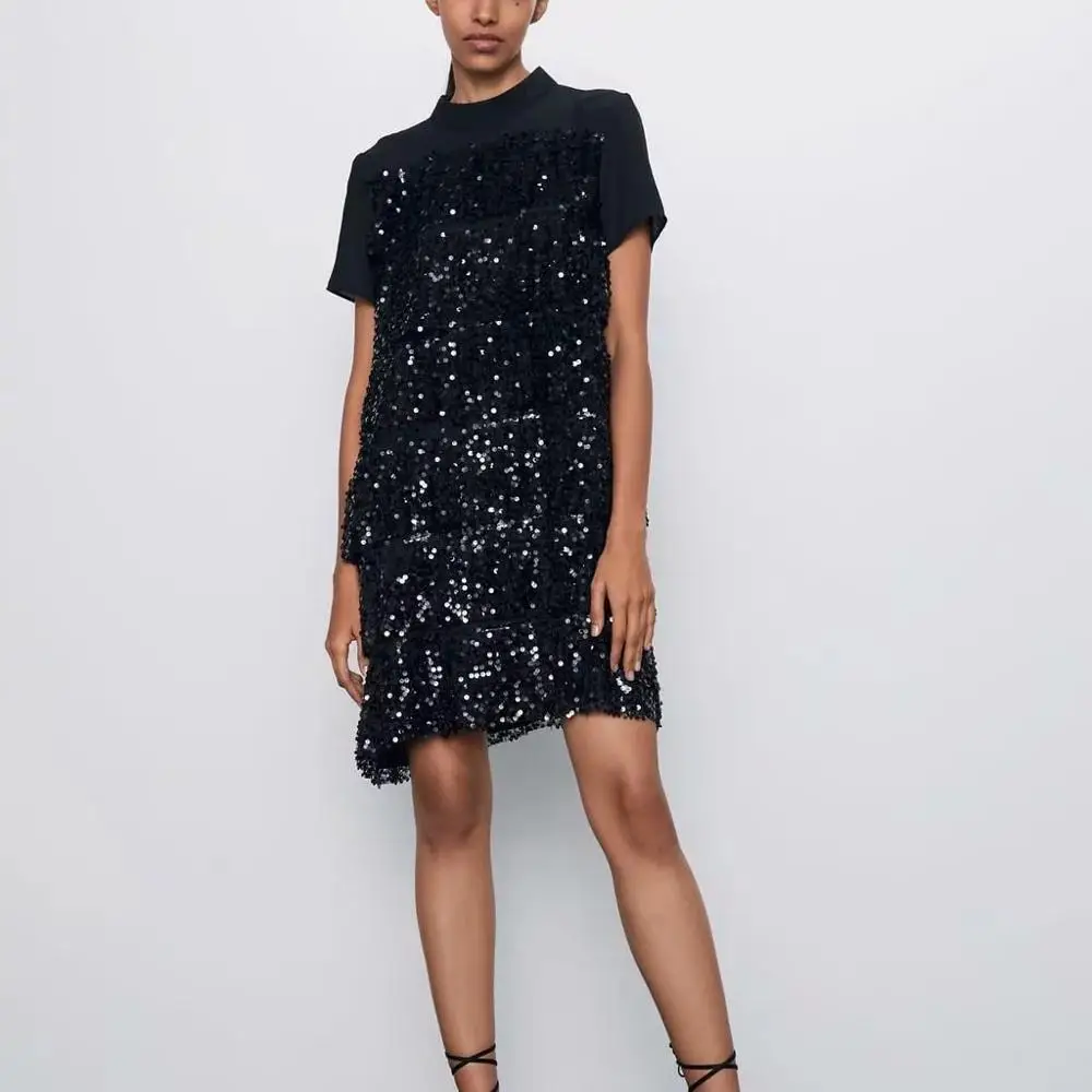 Женское платье мини с блестками ZA черное облегающее вечернее в стиле пэчворк