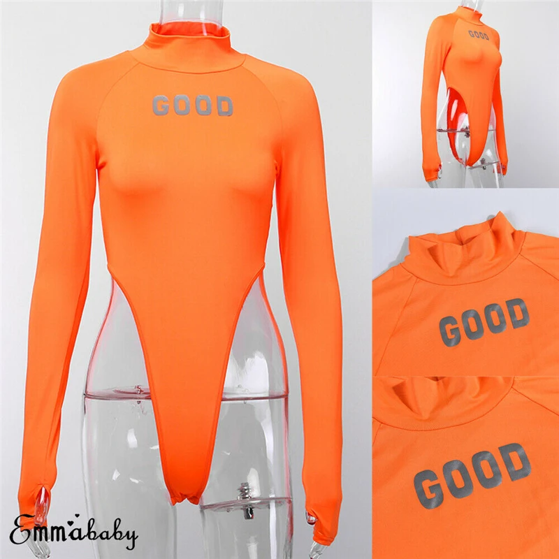 

Sexy Women Reflective Letter Bodysuit Long Sleeve Turtleneck Skinny Slim Thong Bodysuit Playsuit Women Autumn Leotard Body Top