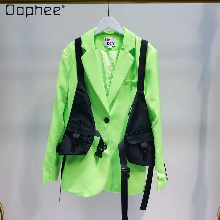 

Весна 2021, новинка, флуоресцентный зеленый Блейзер, черный жилет с несколькими карманами, комплект из двух предметов, блейзер