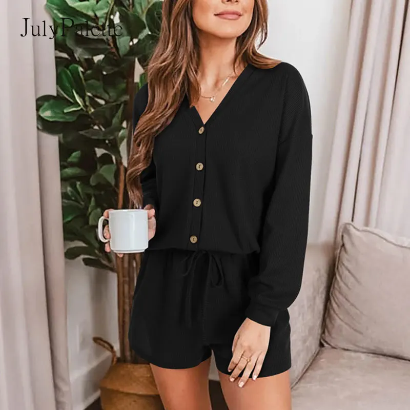 

Julypalette Autumn Knitting Woman Shirt Shorts Two-piece Casual V-neck Single-breasted Shirt Loose Lace-up Shorts Woman's Suit