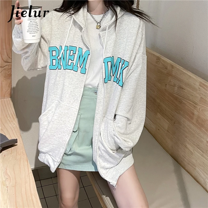 

Jielur Осенний тонкий женский кардиган с капюшоном свободный зеленый темно-синий свитшот с длинным рукавом и надписью для женщин уличная мода ...