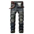 Модные прямые штанины Мужская наборный джинсы в винтажном панковском стиле; Байкерские карман на молнии мотоциклетные штаны модный пэчворк мужские брюки из денима