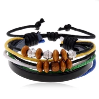 hot selling beaded cowhide bracelet female hand woven multi layer hemp rope wooden bead bracelet hand rope