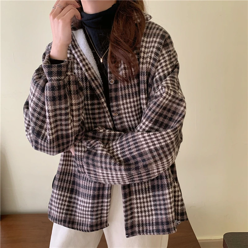 

куртка зимняя женская Autumn Winter Women jacket Thick Plaid Woolen coat Loose Velvet liner coat Casual shirt female jacket