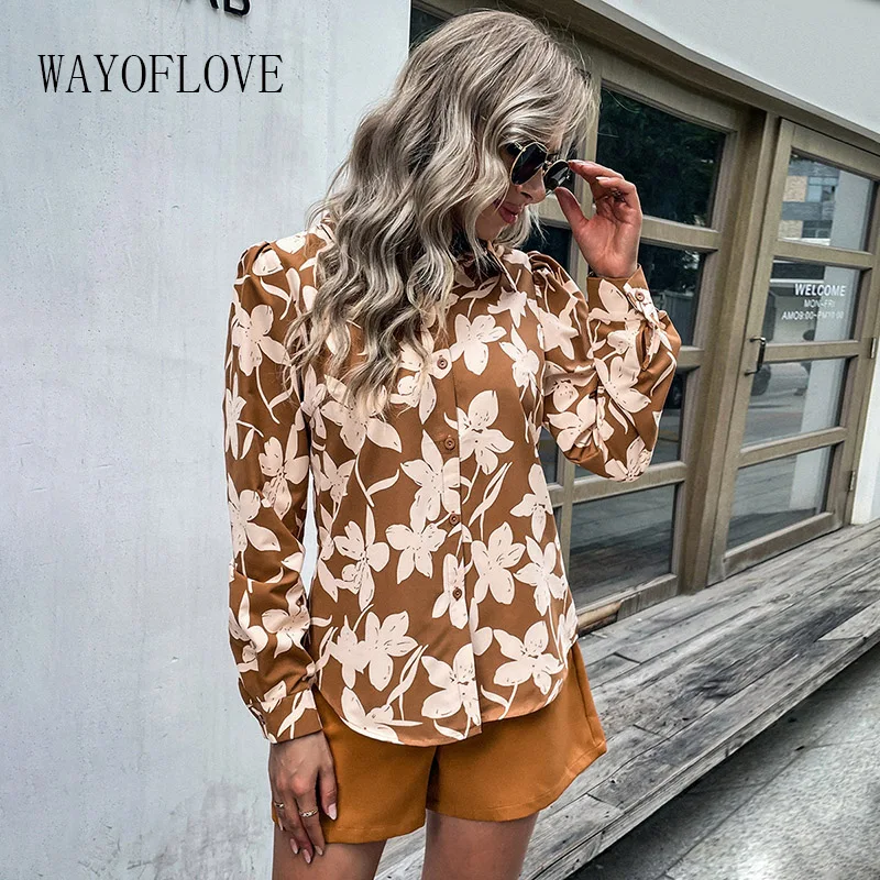 

WAYOFLOVE Brown Women Shirts Loose Simply Print Single Breasted Shirts Office Lady Long Sleeve Blouse Roupas Chic Chemise Tops