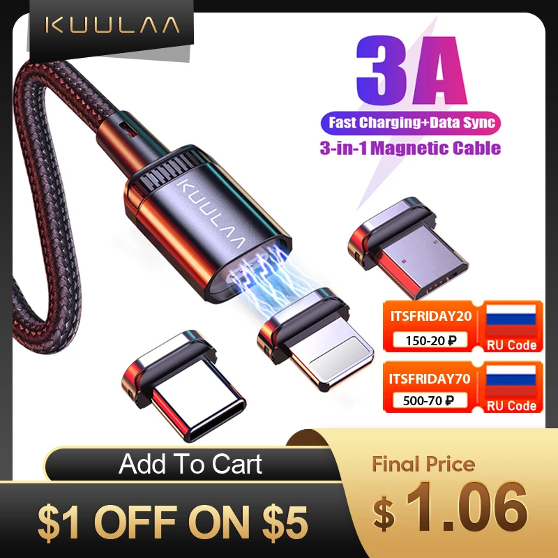 Магнитный кабель KUULAA USB Micro со светодиодной подсветкой 3 А для быстрой зарядки iPhone