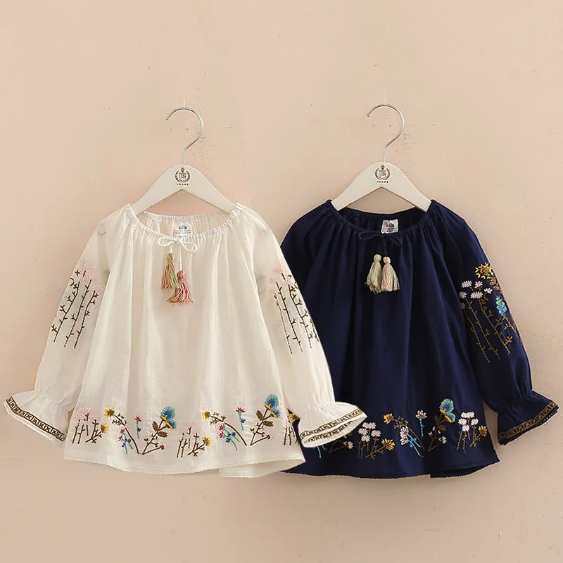 

2021 Spring Autumn 2-10 Years Cotton Navy Blue White Long Flare Trumpet Sleeve Embroidery Baby Kids Girls Tassels Blouses Shirt