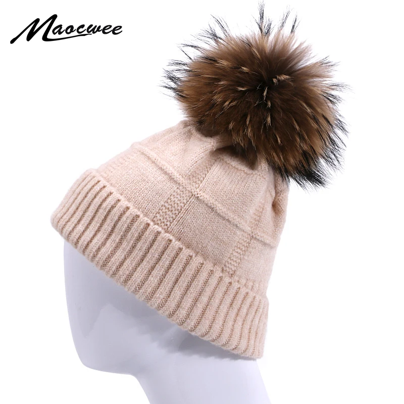 

Women Hat PomPon Knitted Beanies Cap Pure Color Spring Autumn Winter Warm For Girl Hat Thick Skullies Raccoon Outdoor Natural