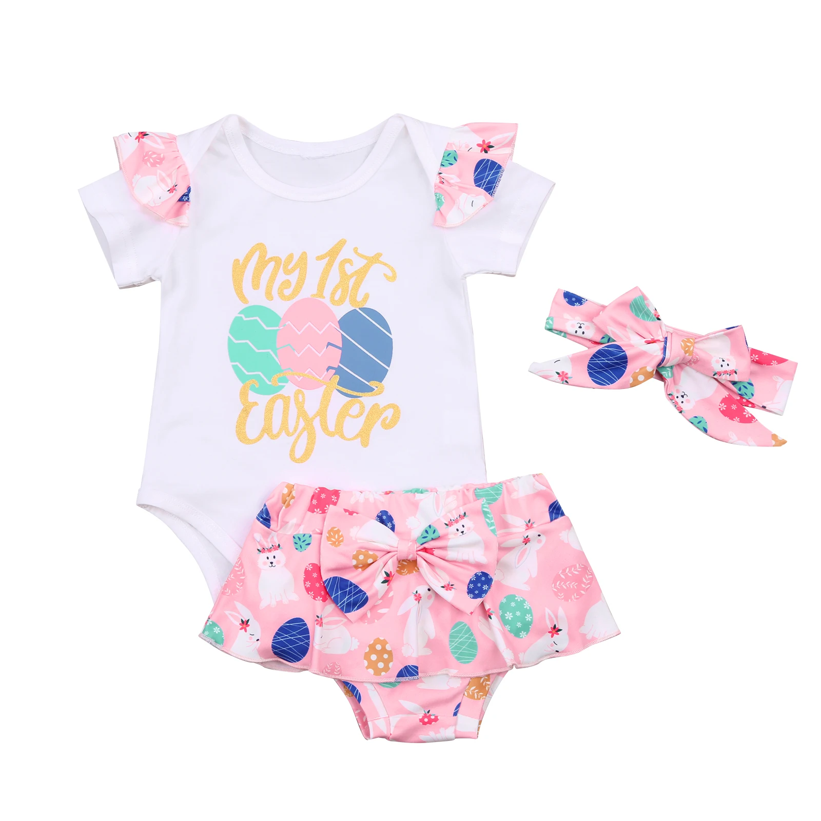 

Girl's Easter Printed 3Pcs Romper Set, Ruffled Decoration Short Sleeve Bodysuit with Triangle Shorts and Headband