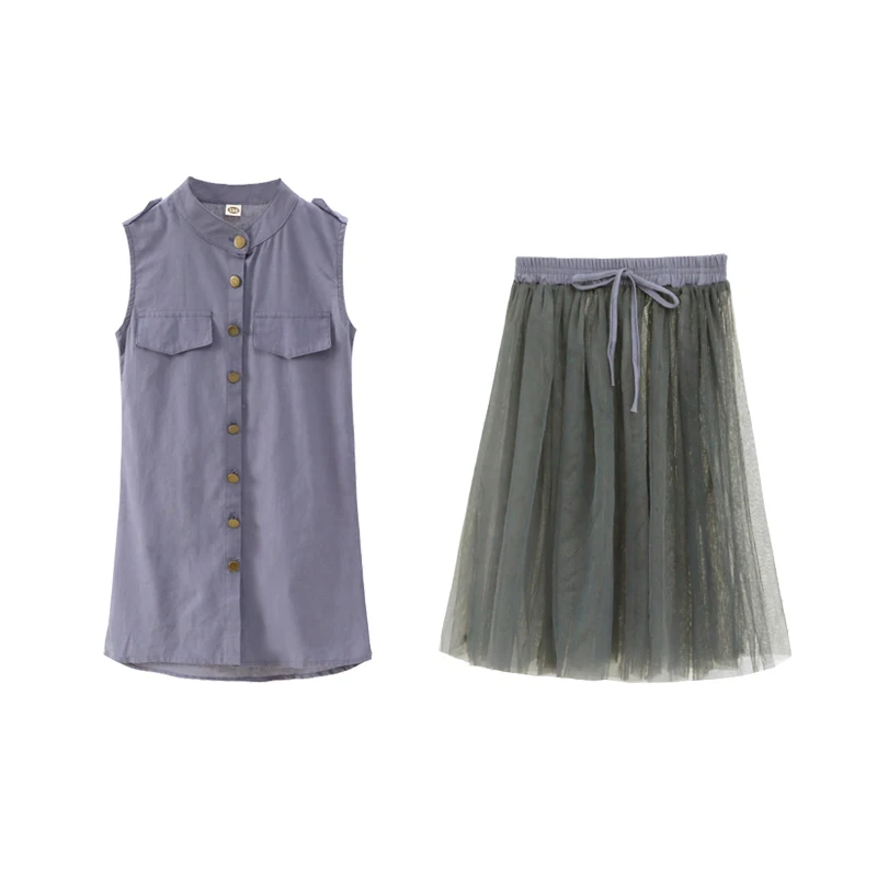 

Solid Single Breasted Turn-down Collar Girls Sets 3-13 Years Old Children's Clothing Sleeveless Kids Casual Clothes Two Pieces