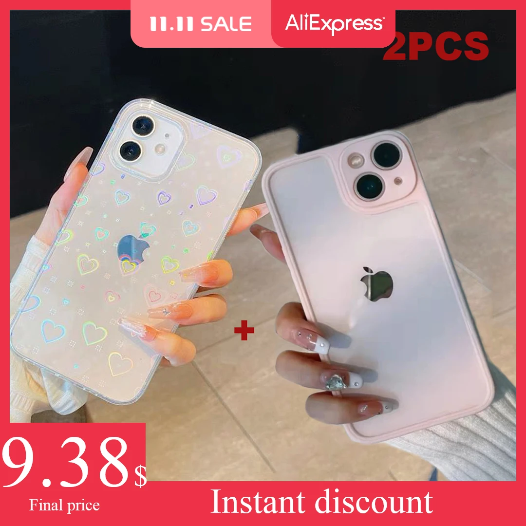 

2pcs Holographic Heart Iphone Phone Case Clear Transparent Phone Case For 11 12 13 Pro Max X XS XR 7 8 Plus SE Shockproof Bumper