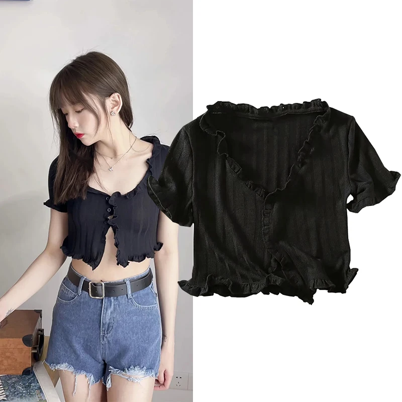 

WESAY JESI 2021 Summer New Women's Short-sleeved Cardigan Single-breasted Solid Color V-neck Short Blouse Retro Fashion Chic Top
