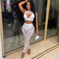 adogirl sheer mesh patchwork women solid tracksuit sexy two piece set lace up sleeveless crop top pencil pants fashion suit