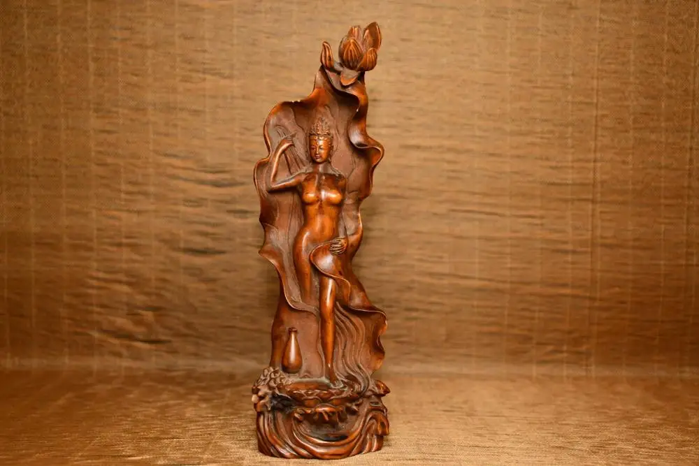 

Home Decor 9" China Collection Old Boxwood Lotus Leaf Beauty Statue Girl classical model wood carving