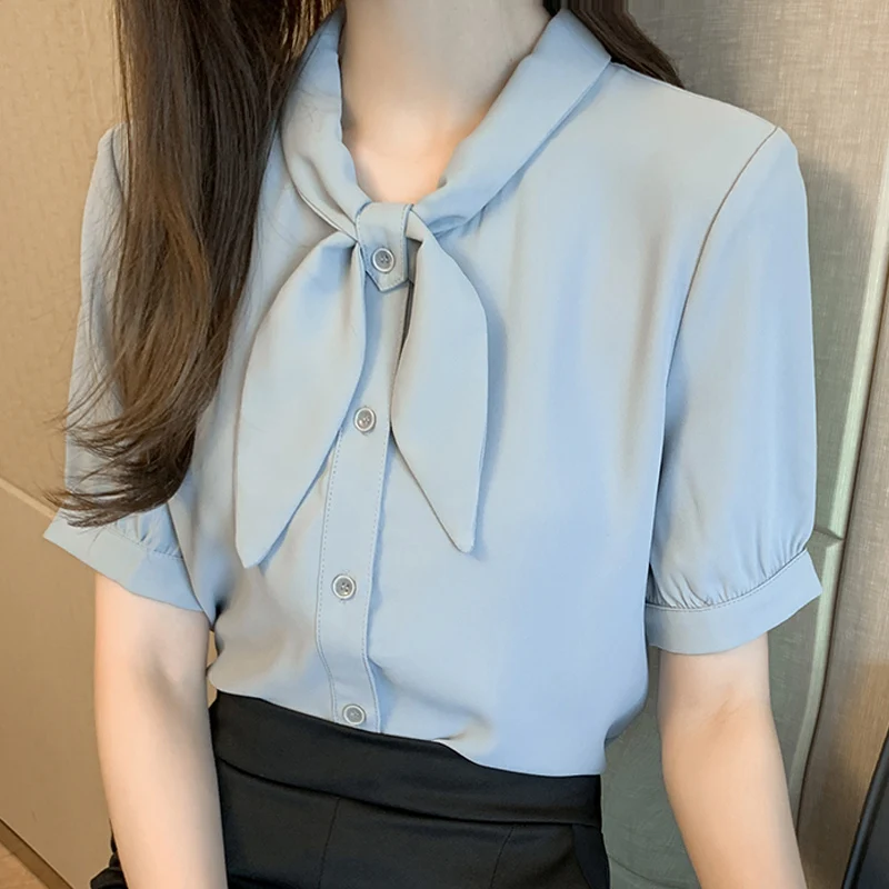 

Blouse Women 2021 Women Blouses Summer Short Sleeve Women Shirts Bow Collar Chiffon Blouse Shirt Women Tops Blusas Mujer D326