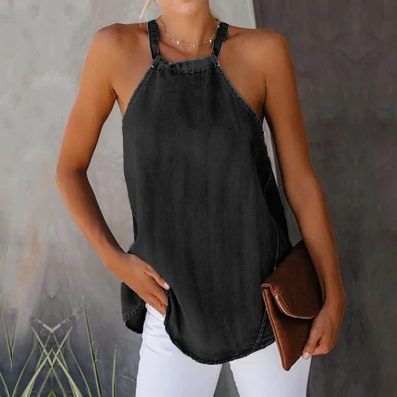 Пикантные джинсовые безрукавки для женщин с открытыми плечами лямкой на шее без