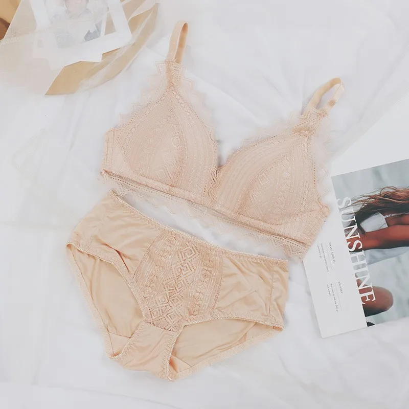 

Sexy Triangle Lace Bra Wire-free Push Up Bralette With Panty Set For Women Girls