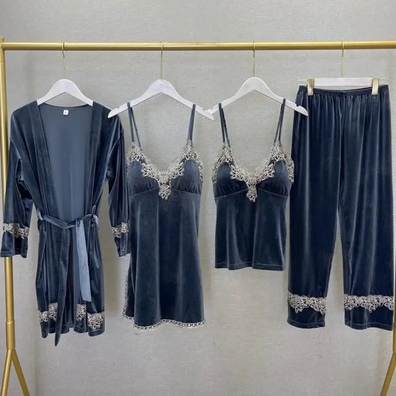 

Autumn Velour Pajamas Set Women V-neck 4PCS Sleepwear Lace Patchwork Sleep Set Velvet Loungewear Elastic Waist Pijamas Suit